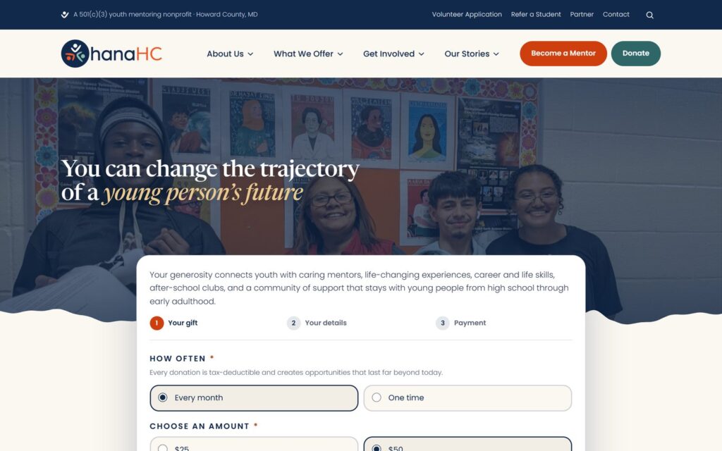 The new donate page, headed You can change the trajectory of a young person's future, with a three-step giving form set to a monthly gift