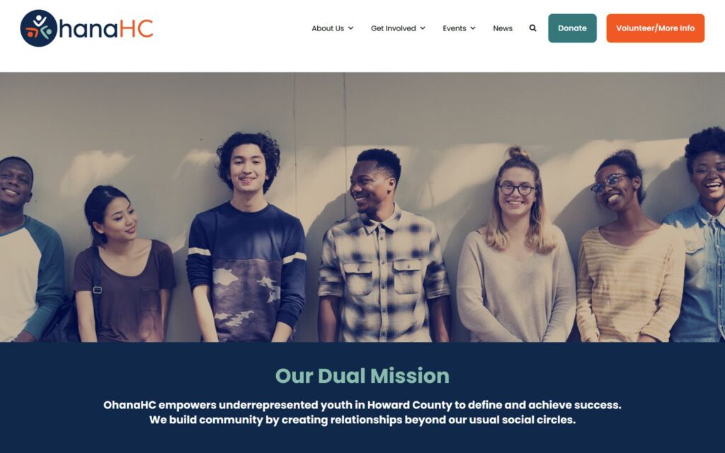 OhanaHC's previous homepage: a stock photo of teenagers against a wall, above the heading Our Dual Mission